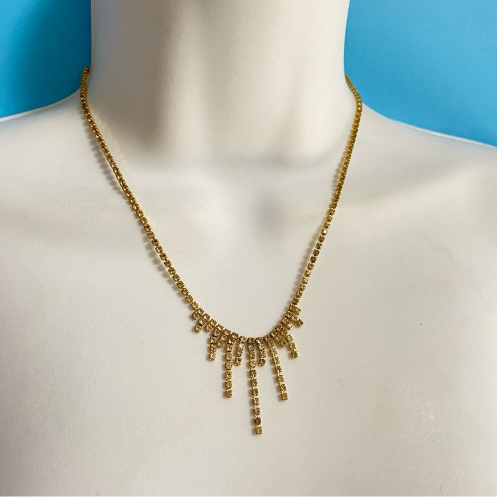 MONET Water Fall Rhinestone Crystal Necklace Gold Tone Necklace Vintage